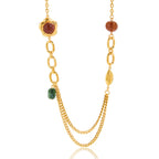 Gold necklace with gemstone beads on a white background