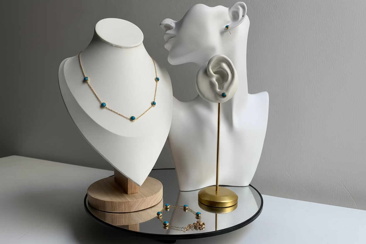 Jewelry on mannequin heads with a necklace and earring set on a neutral background