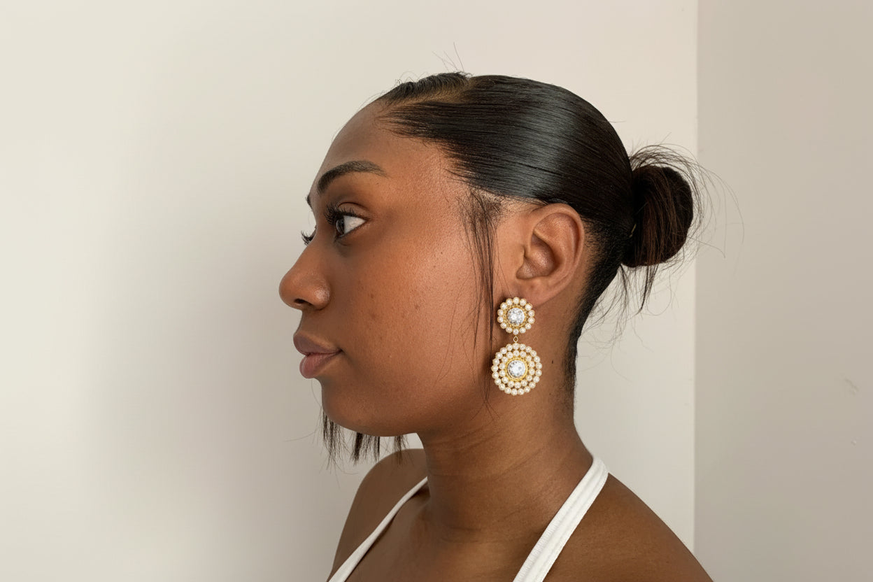 Drop down pearl earrings on model 