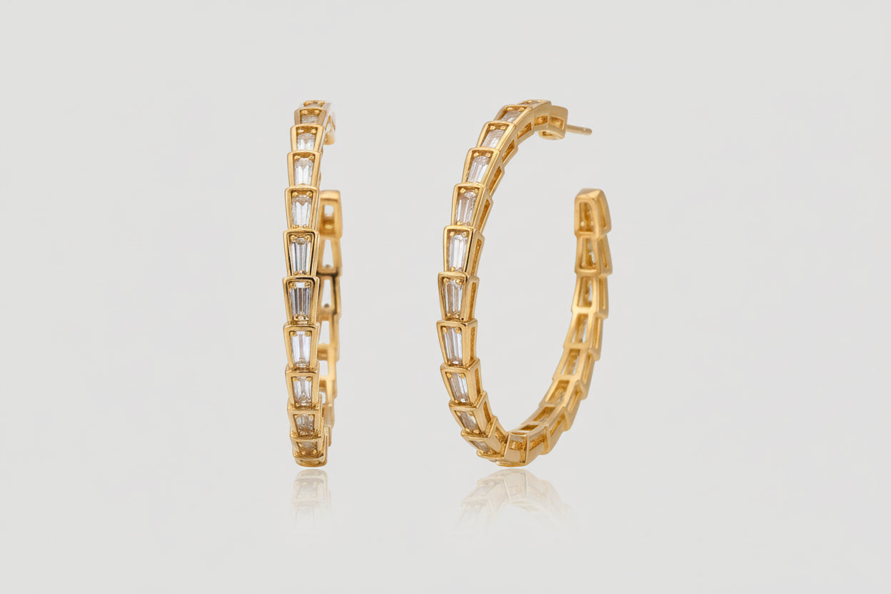 18k Gold medium hoop earrings with intricate design 